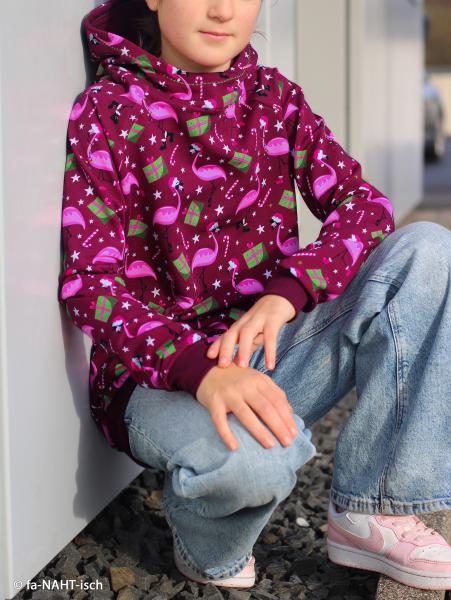 French Terry Holly Weihnachtsflamingos auf Burgundy by Swafing